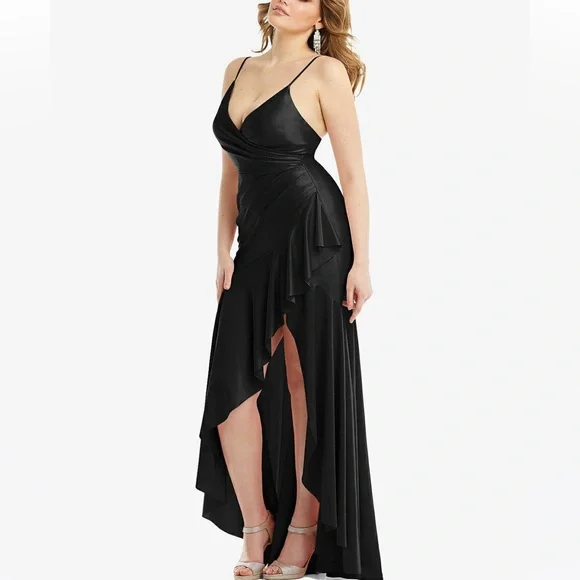 CYNTHIA & SAHAR GABRIELLA CS111 LUXE STRETCH SATIN Gown Black Pleated Ruffle - Picture 3 of 10